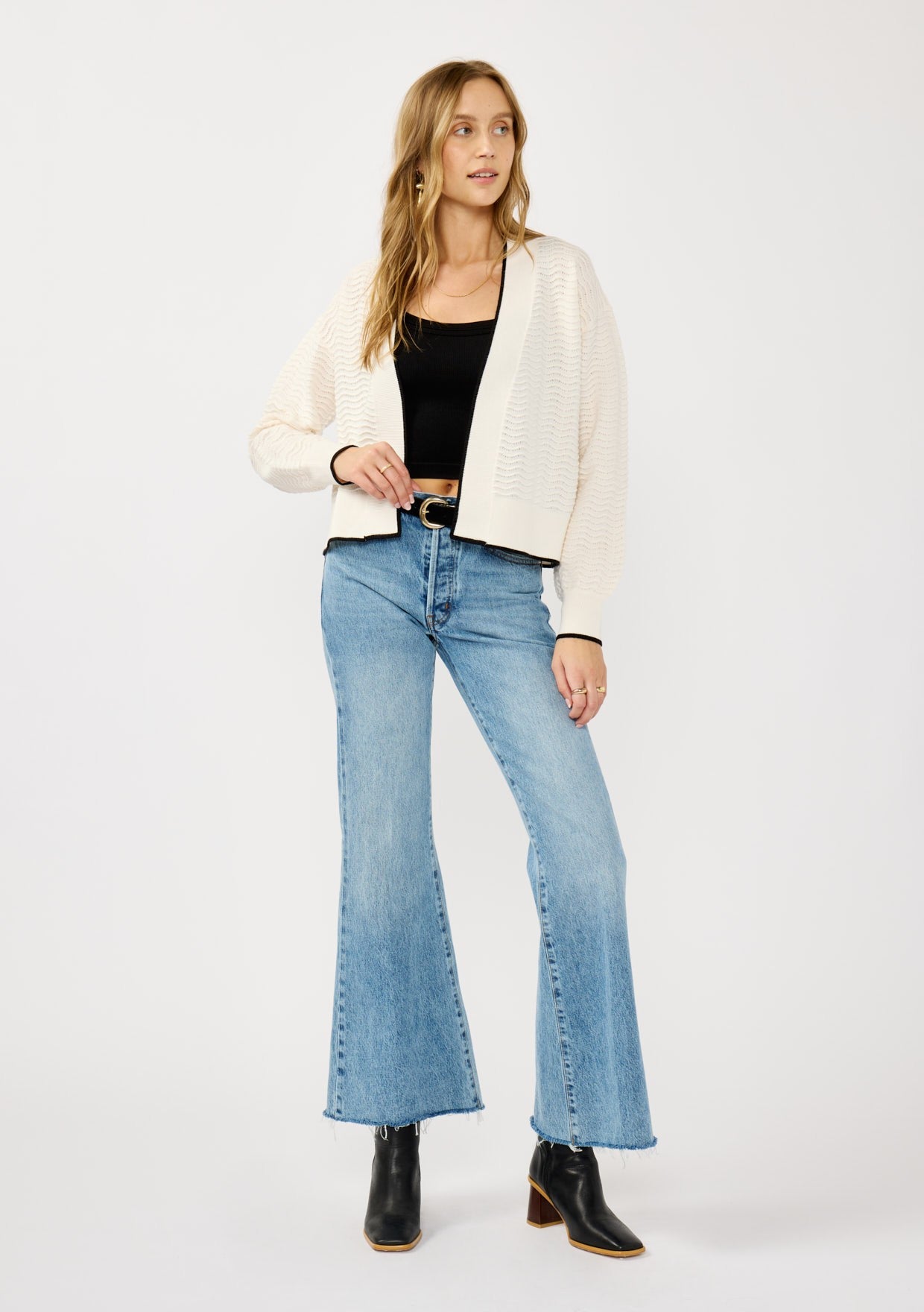 Textured Pointelle Open-Front Cardigan