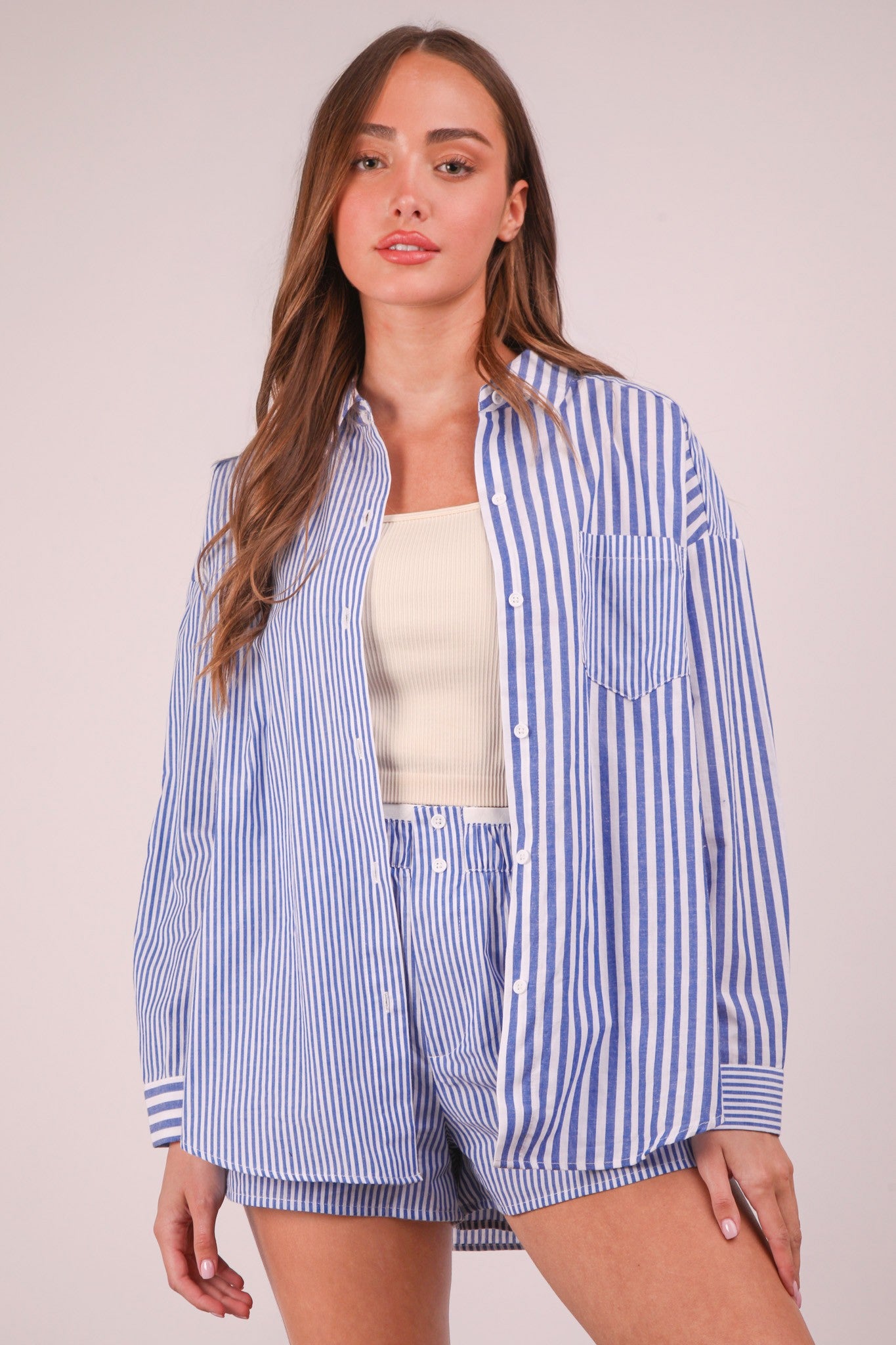 Striped Oversized Comfy Shirt Top & Shorts Set - Blue