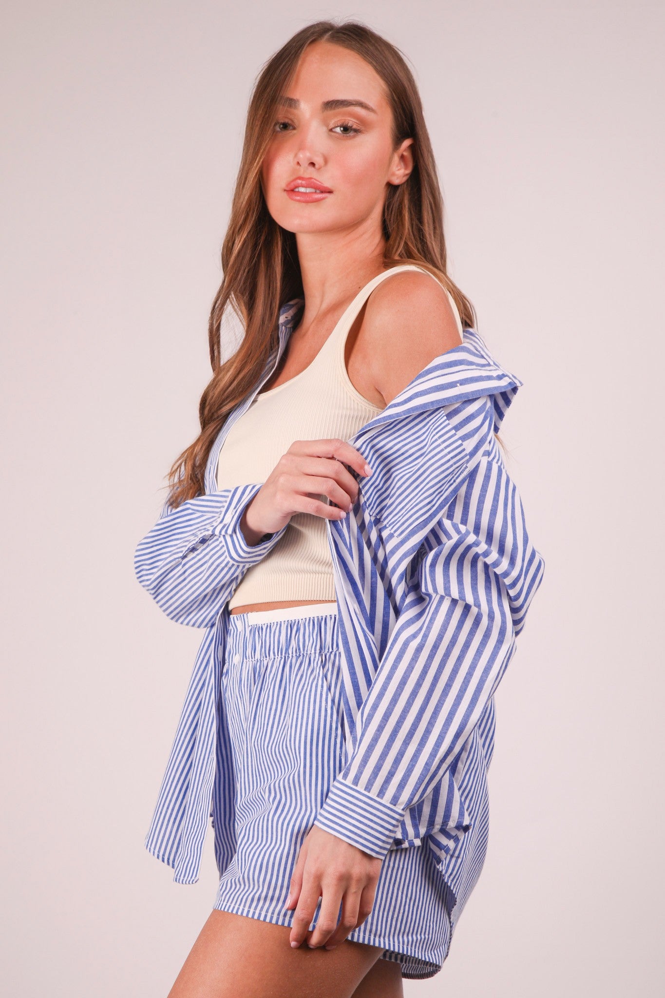 Striped Oversized Comfy Shirt Top & Shorts Set - Blue