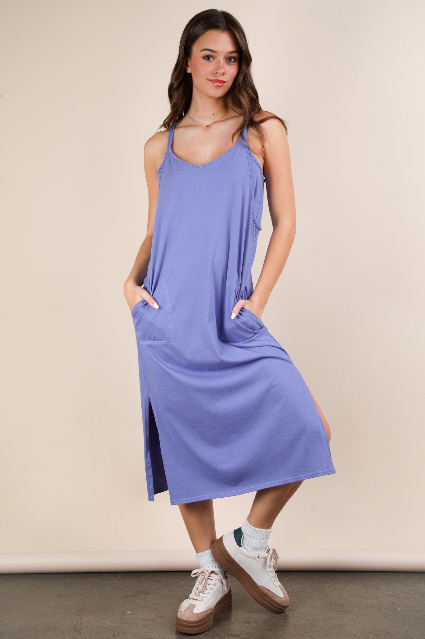 V-Neck Sleeveless Casual Comfy Midi Dress - Blue Medium V-Neck Sleeveless Casual Comfy Midi Dress - Blue Medium