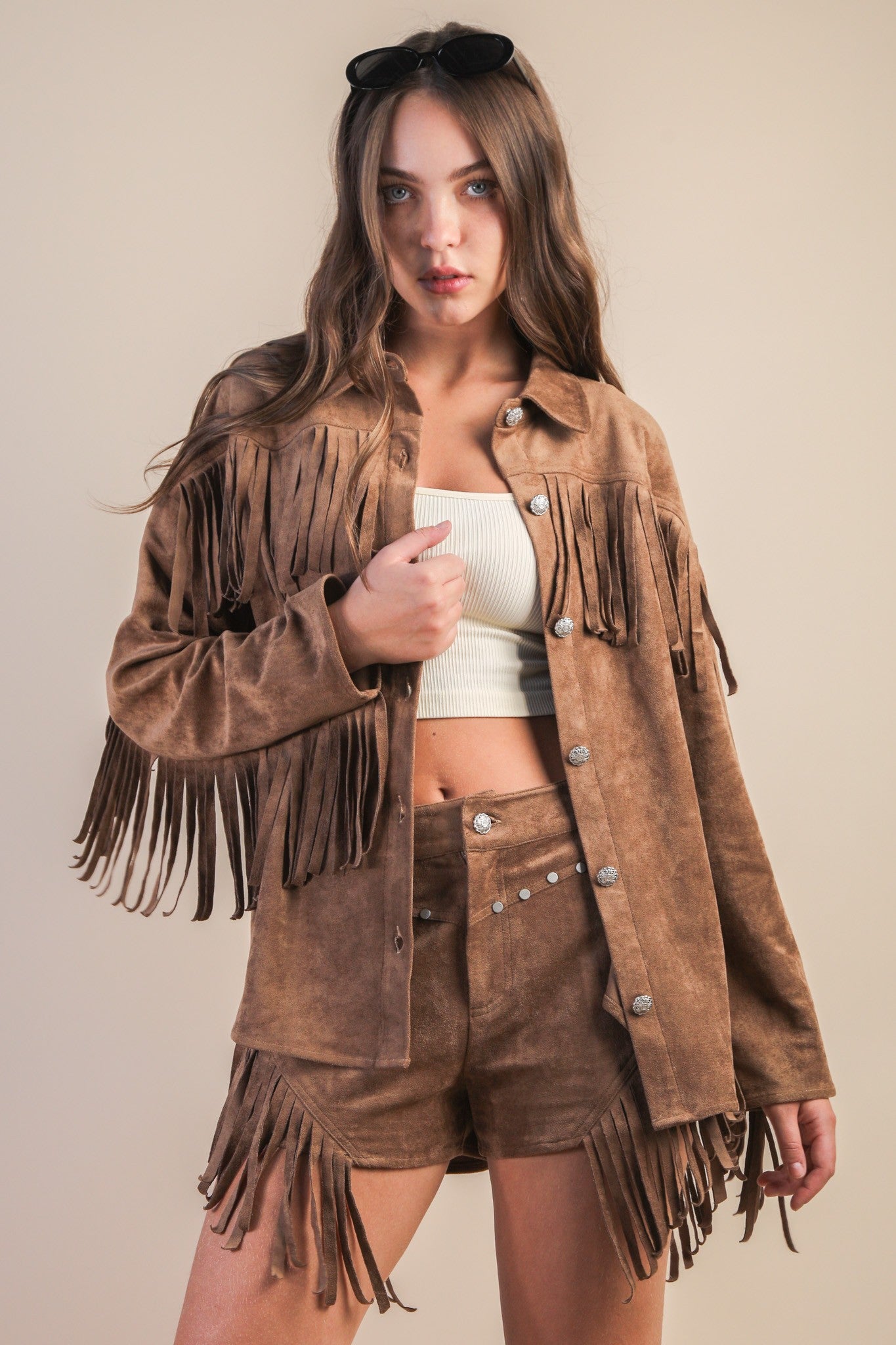 Suede Fringe Western Shacket - Mocha