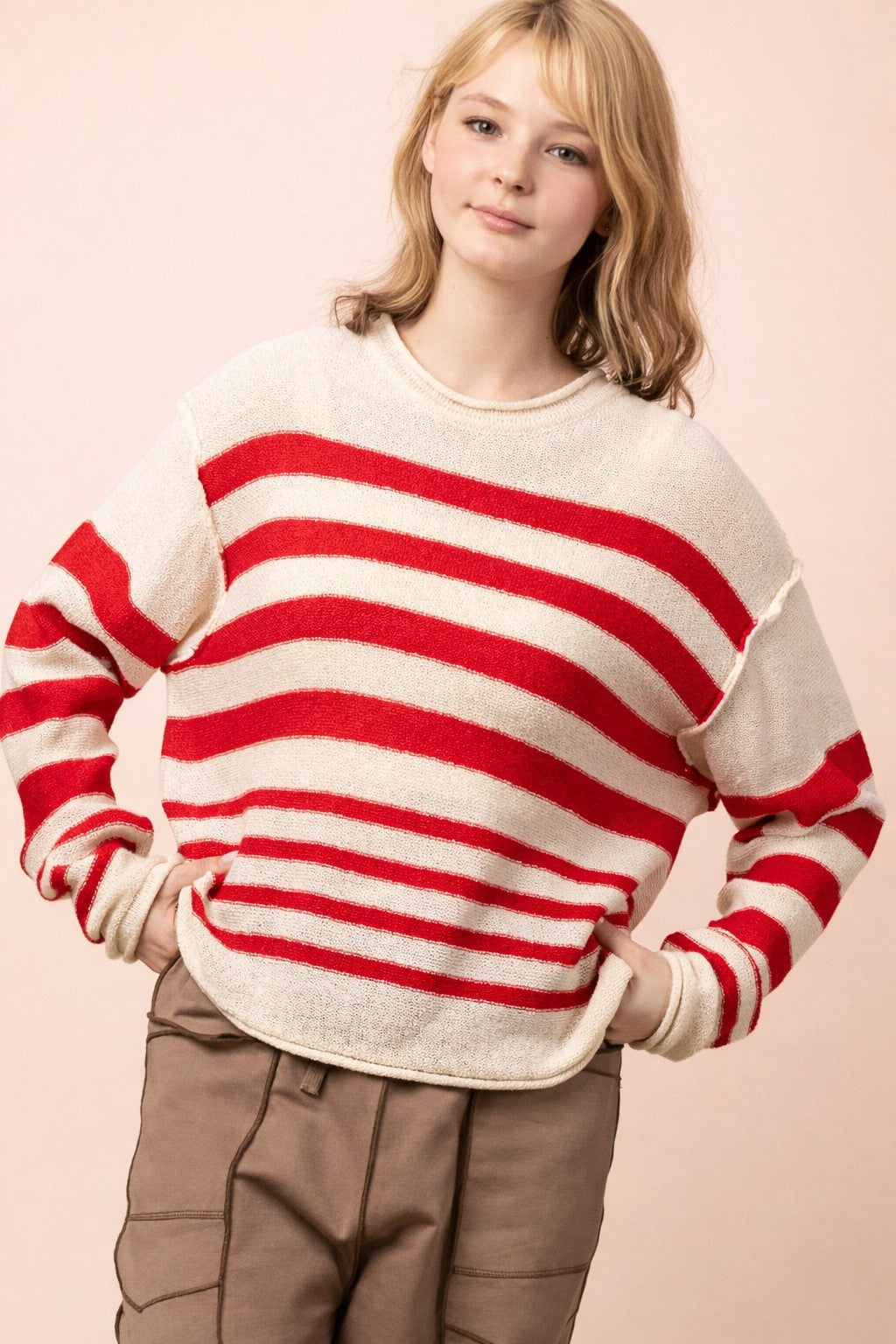 Striped Knit Summer Sweater - Red