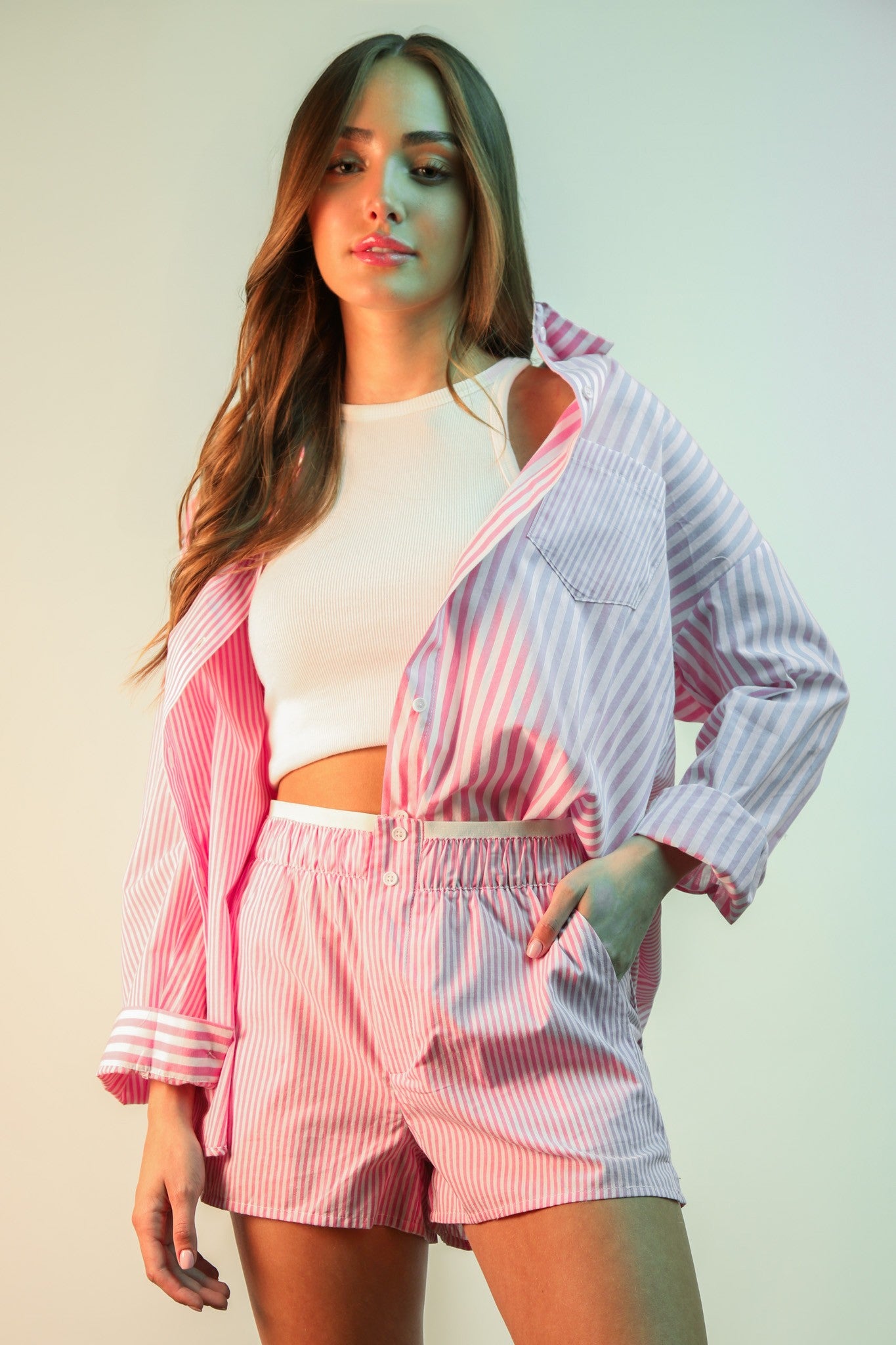 Striped Oversized Comfy Shirt Top & Shorts Set - Pink
