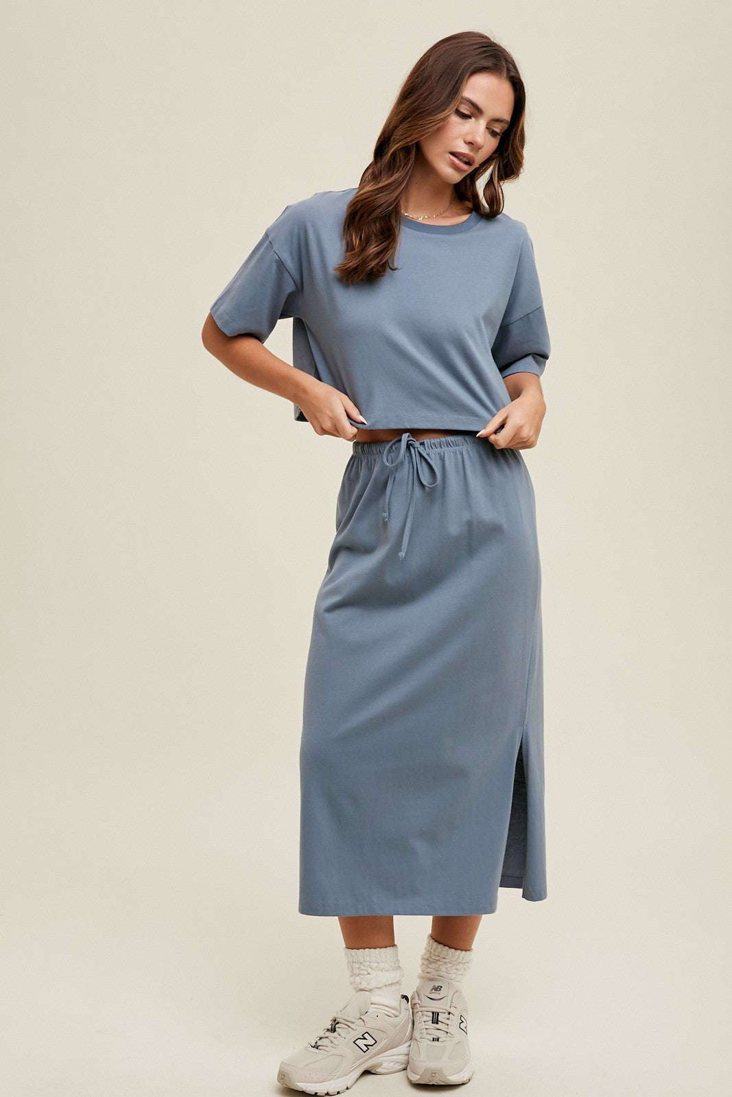 Cotton Crop Tee Skirt Set - Slate Blue