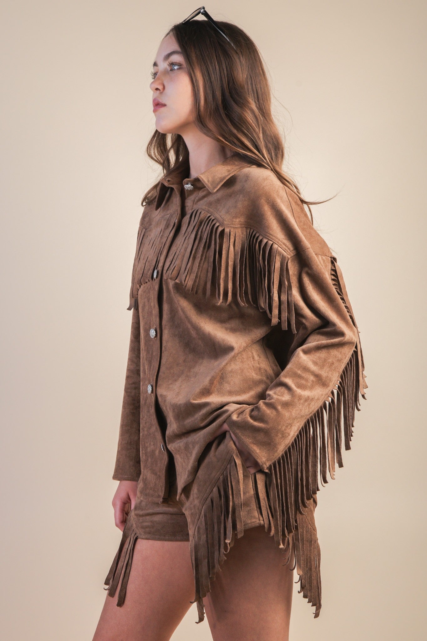Suede Fringe Western Shacket - Mocha