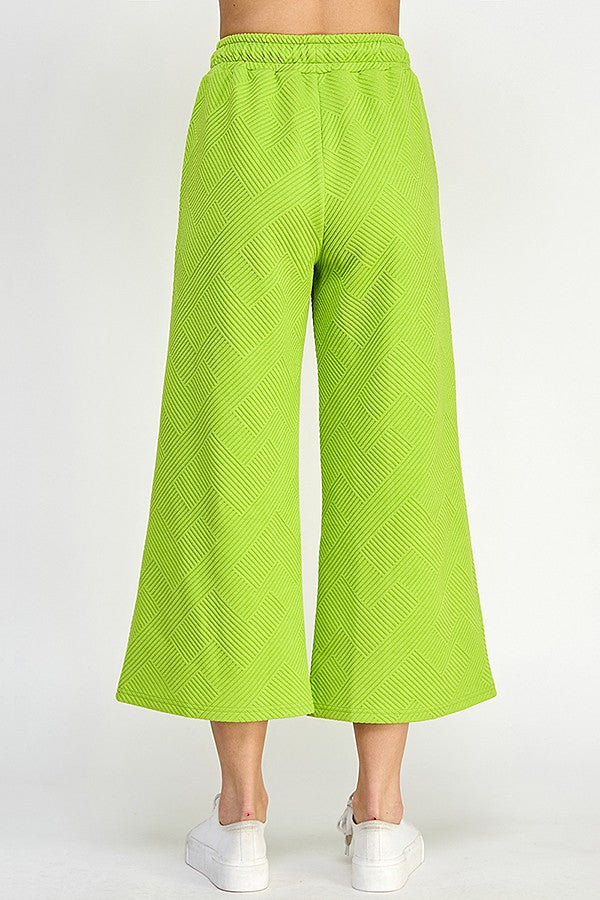 Geo Ribbed Cropped Wide Pants - Lime