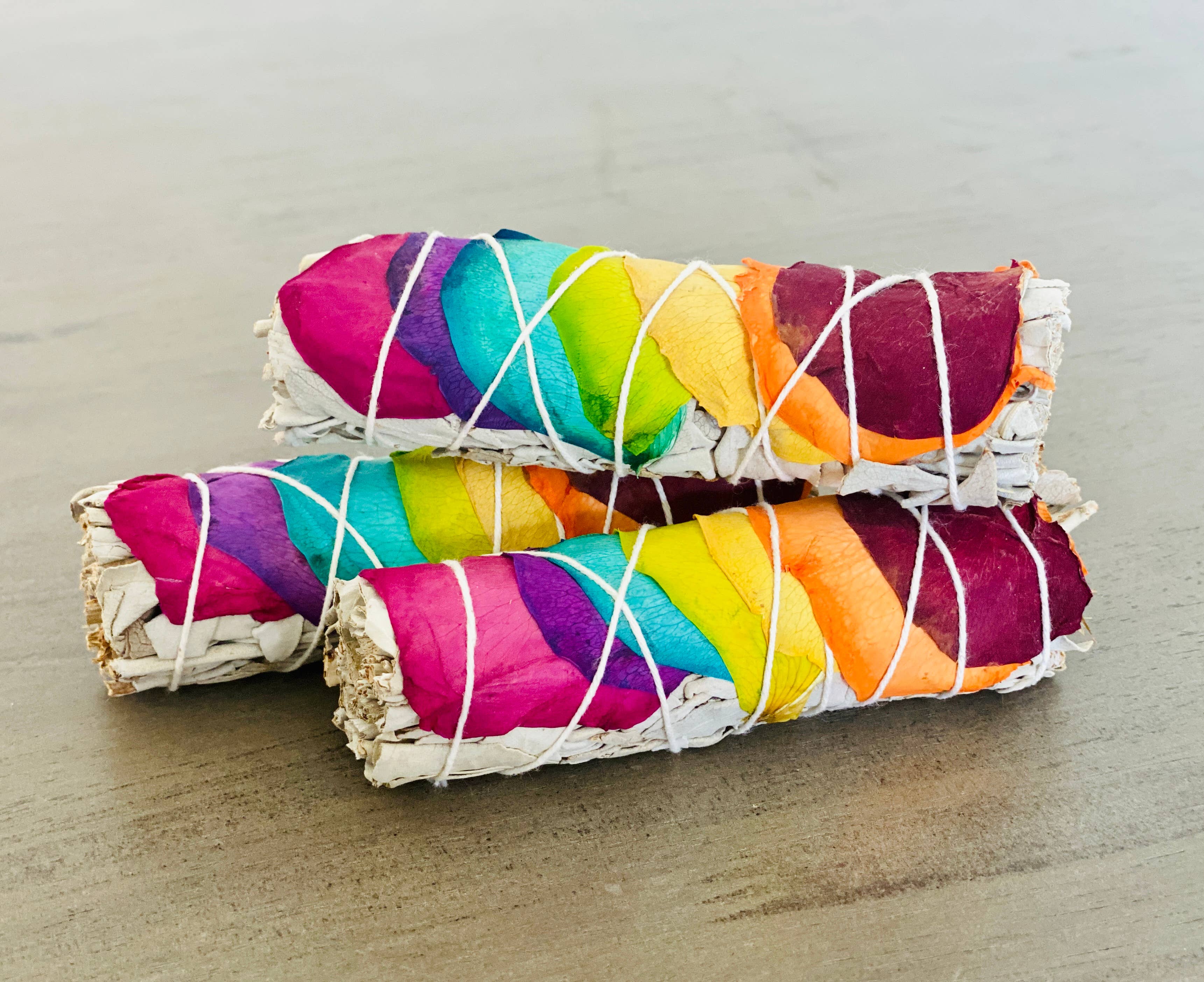 White Sage & Rainbow Chakra Roses Smudge Sticks