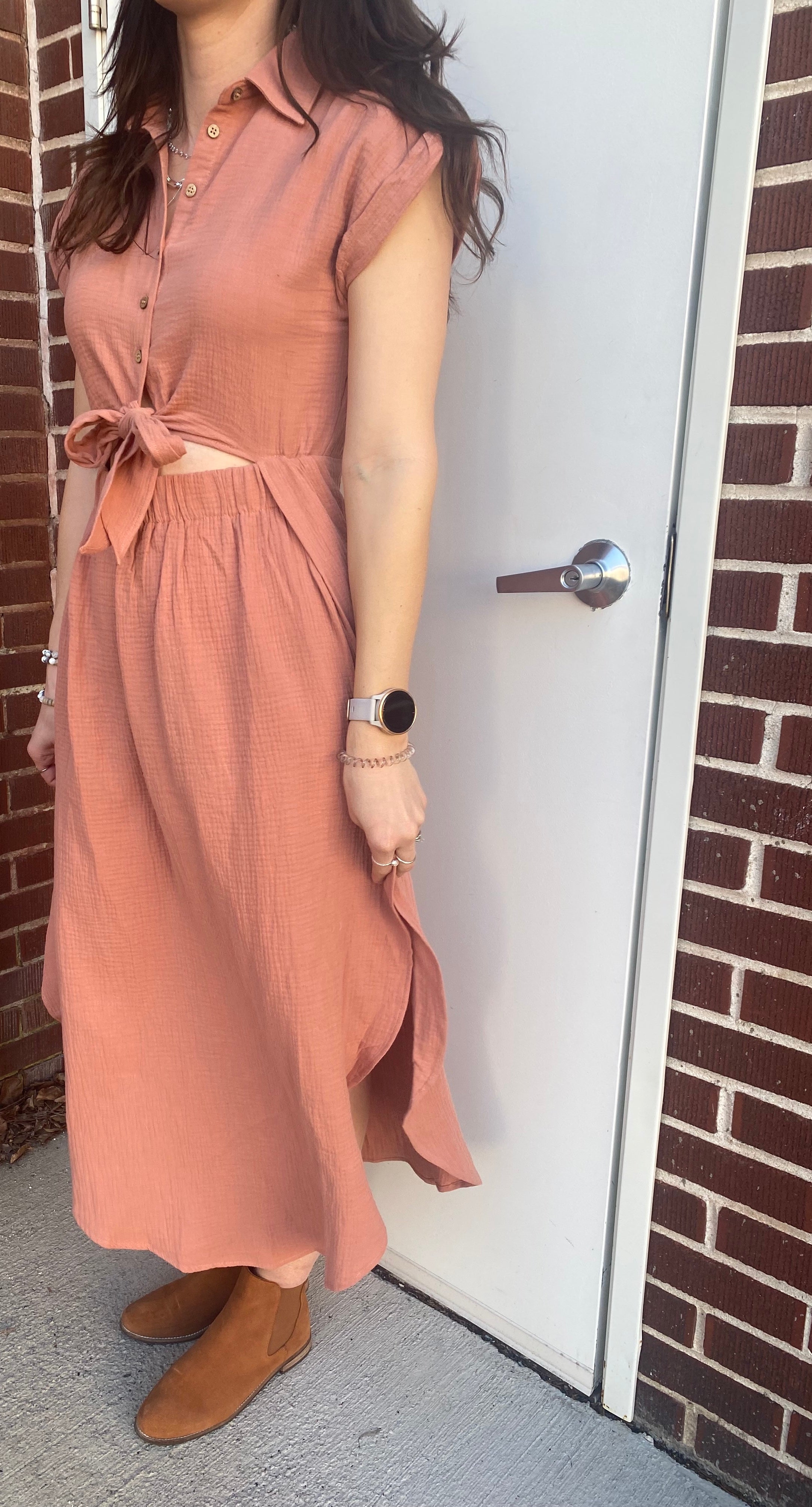 Cut Out Cotton Dress - Dusty Mauve