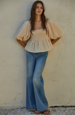Woven Gauze Puffy Sleeve Top - Cream