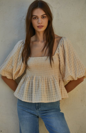 Woven Gauze Puffy Sleeve Top - Cream