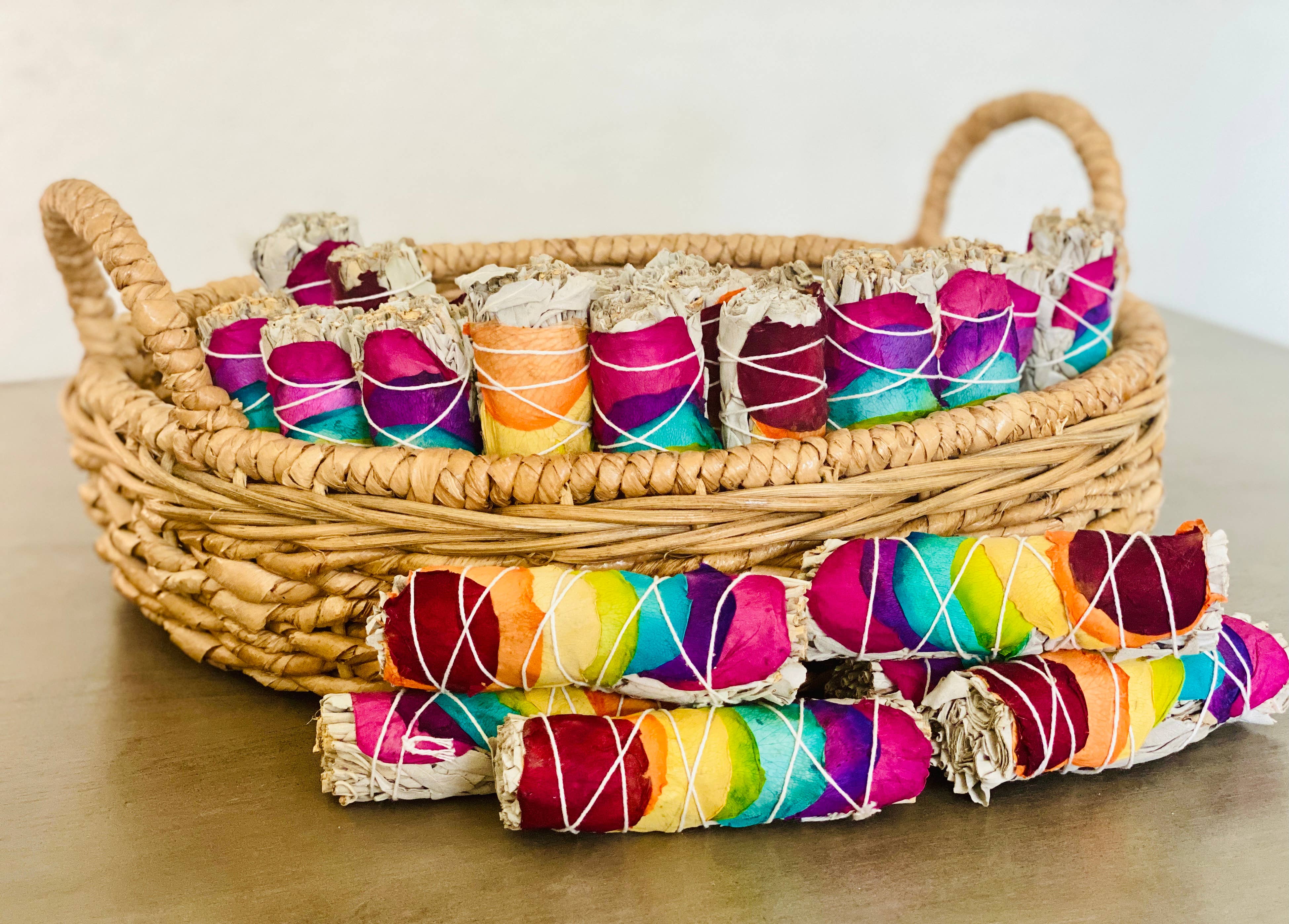 White Sage & Rainbow Chakra Roses Smudge Sticks