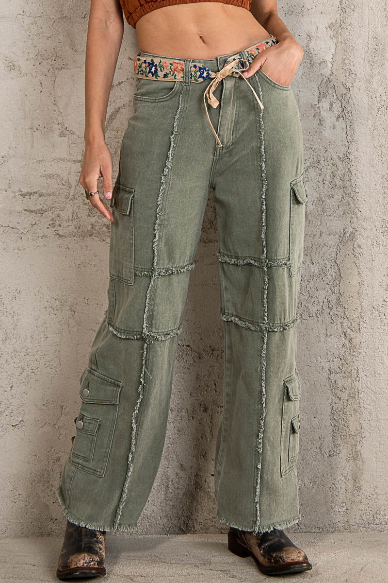 Frayed Detail Denim Pants - Shadow Green