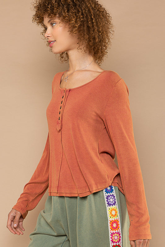 Relaxed Scooped Henley - Orange Brick