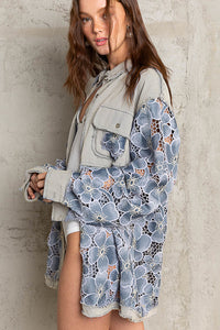 Lace Crochet Floral Button Down - Cornflower Blue