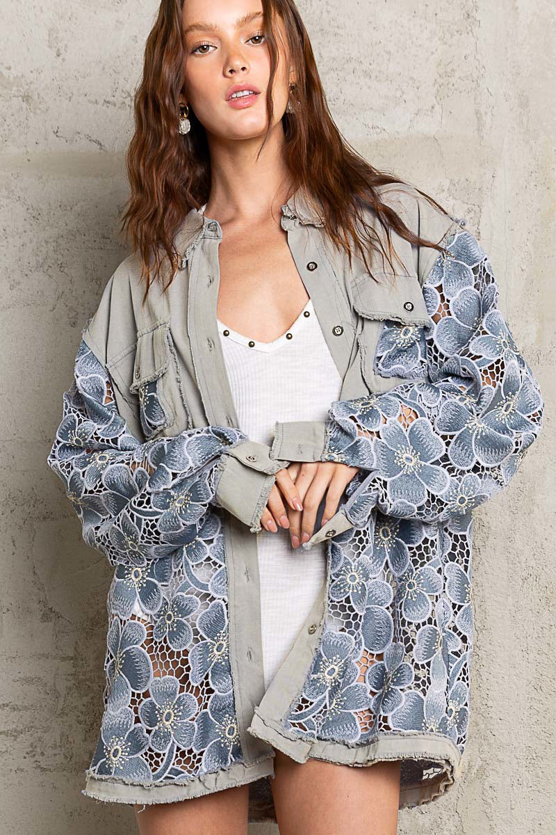 Lace Crochet Floral Button Down - Cornflower Blue