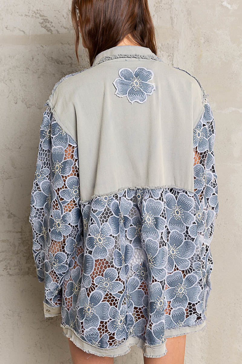 Lace Crochet Floral Button Down - Cornflower Blue
