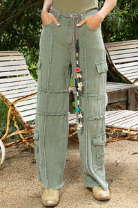 Frayed Detail Denim Pants - Shadow Green