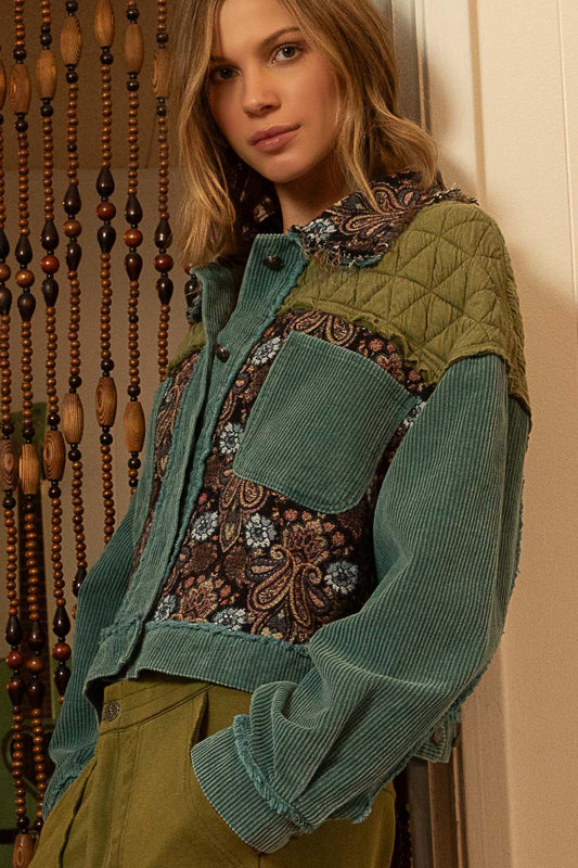 Quilted Floral Corduroy Jacket - Hunter Green