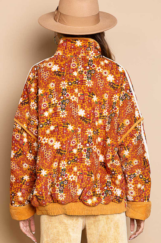 High Neck Quilted Floral Jacket - Orange Brick