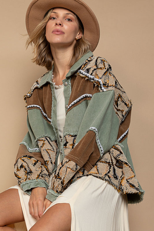 Color Block Frayed Shacket - Sage/Chocolate