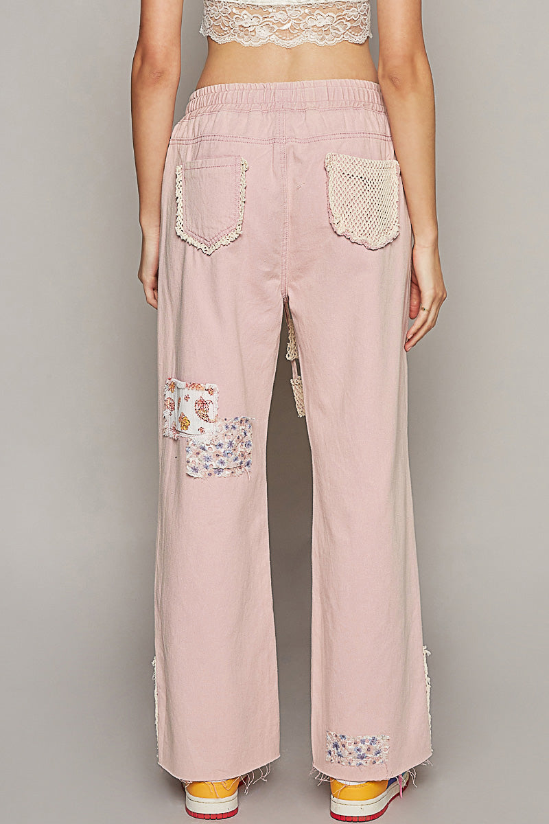 Patched Straight Pants - Rose Pink