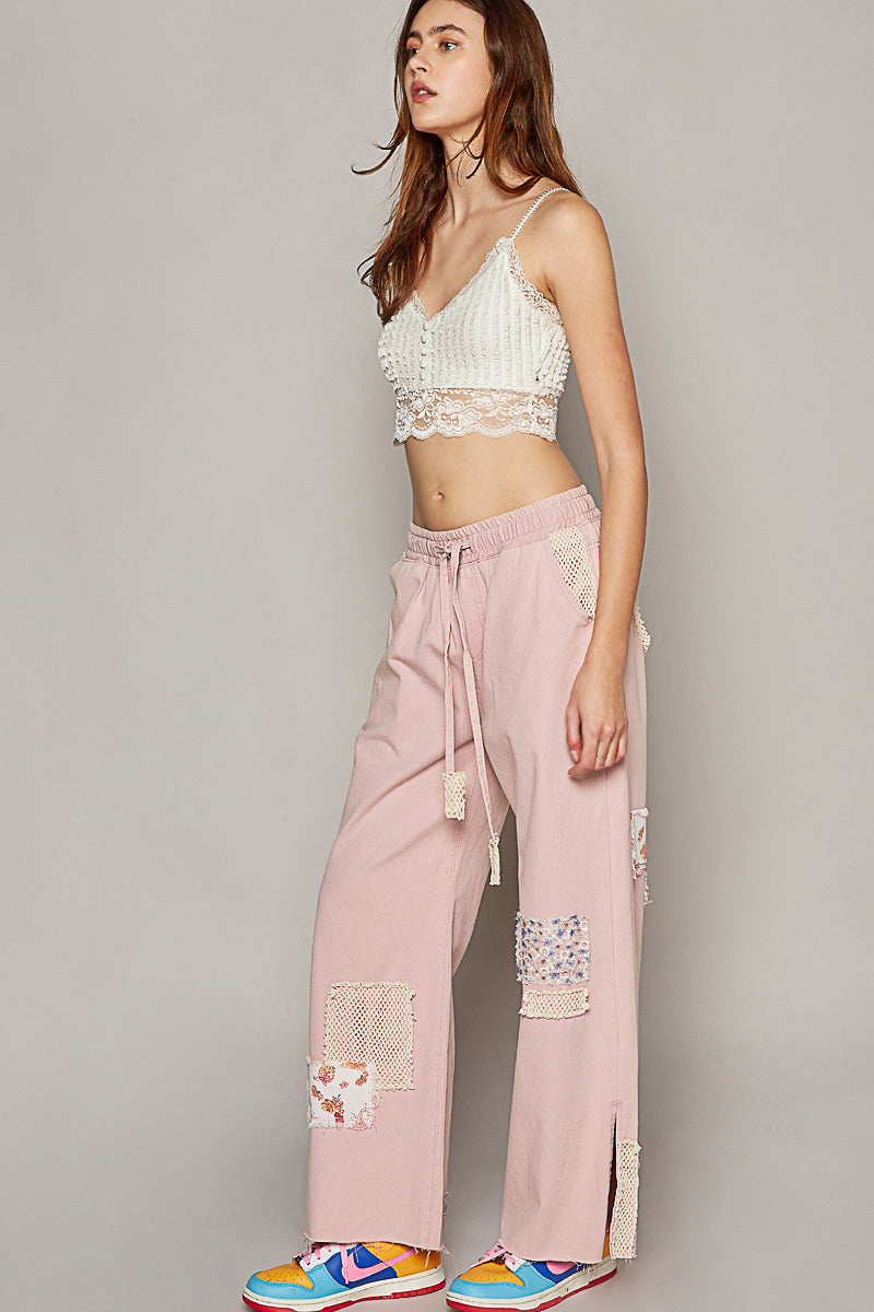 Patched Straight Pants - Rose Pink