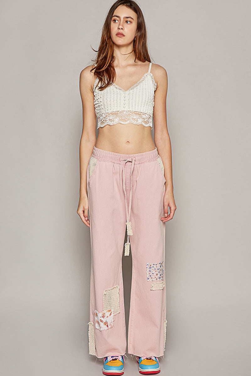 Patched Straight Pants - Rose Pink