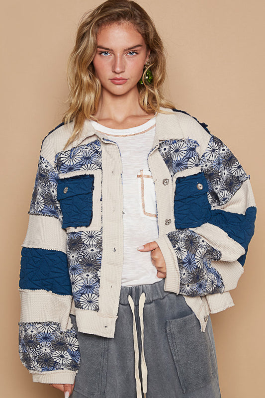 Quilted Patched Jacket - Cream/Blue