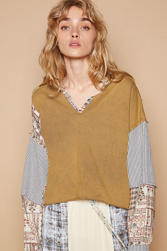 V-Neck Raw Edge Top - Olive