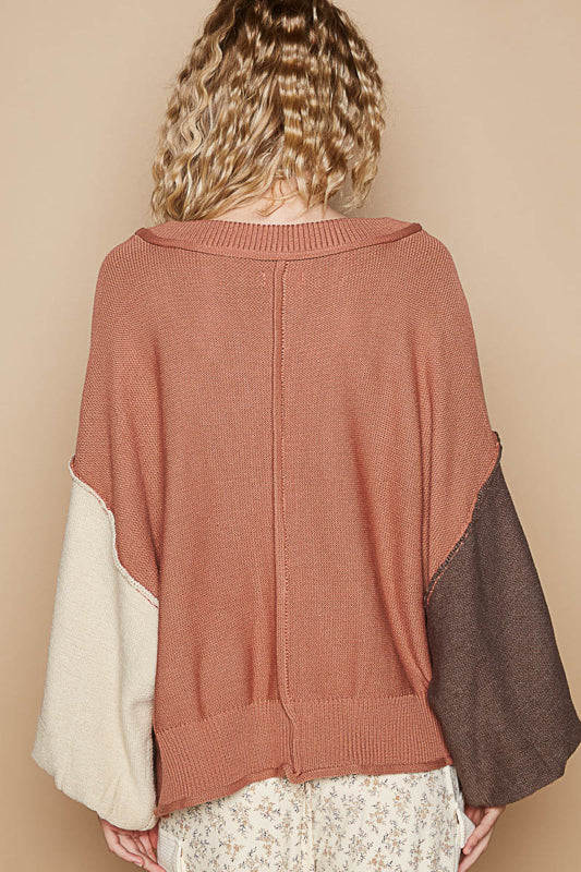 V-Neck Grunge Sweater - Terra Cotta Mix