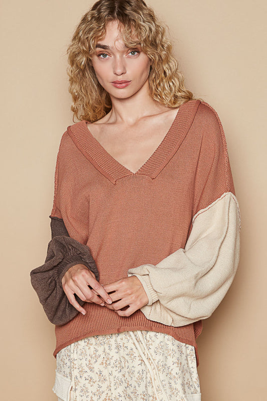 V-Neck Grunge Sweater - Terra Cotta Mix