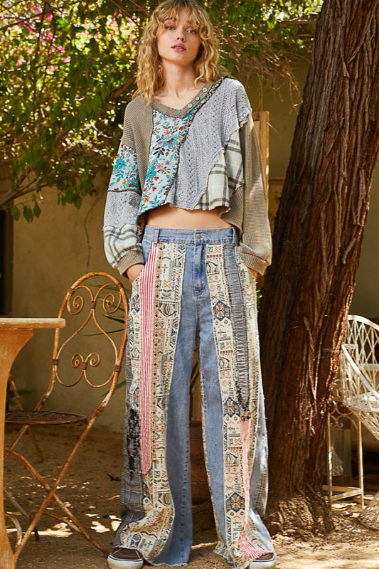 Patchwork Relaxed Fit Pants - Denim