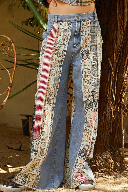 Patchwork Relaxed Fit Pants - Denim