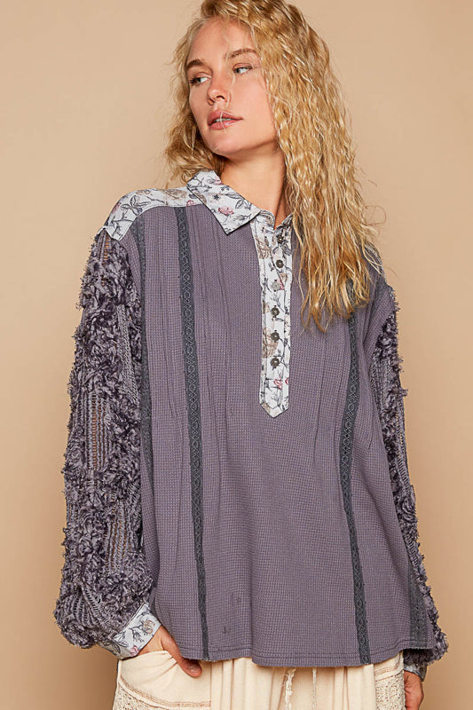 Lacey Balloon Sleeve Blouse - Ghost Grey