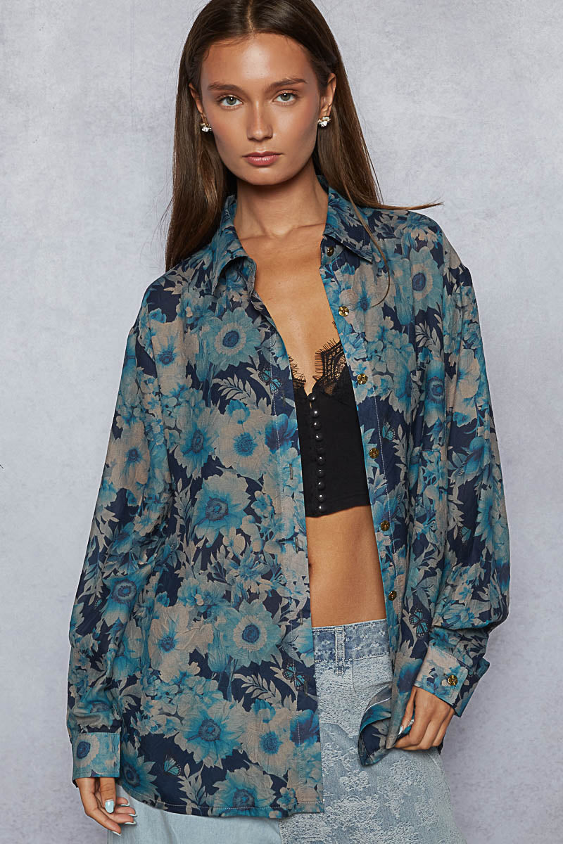 Printed Woven Button Down - Navy