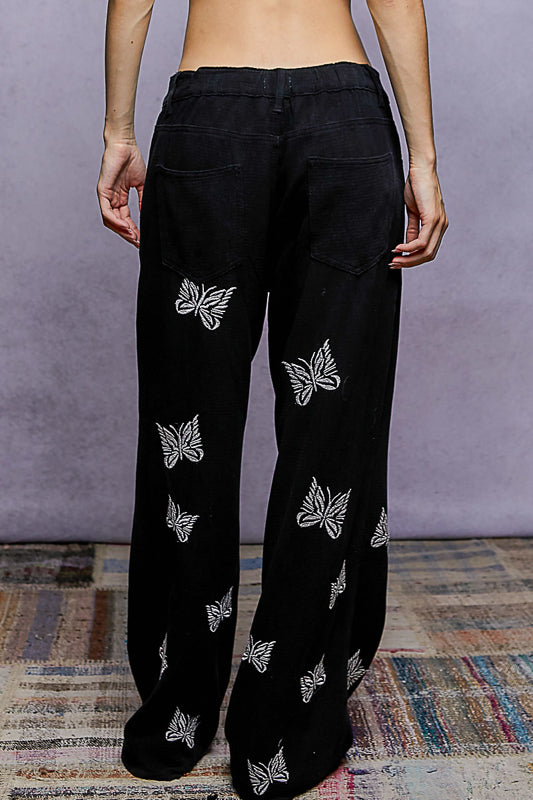 Embroidered Butterfly Gauze Pants