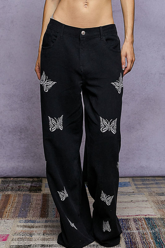 Embroidered Butterfly Gauze Pants