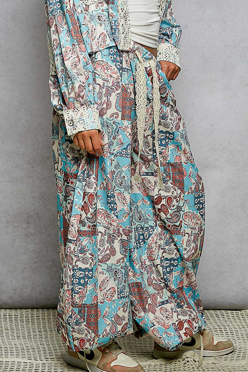 Boho Paisley Patchwork Joggers- Blue