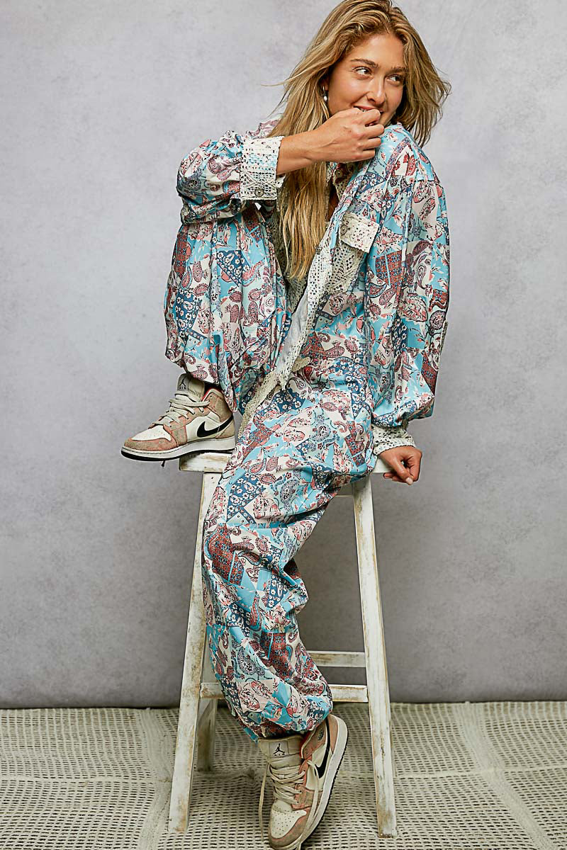 Boho Paisley Patchwork Joggers- Blue