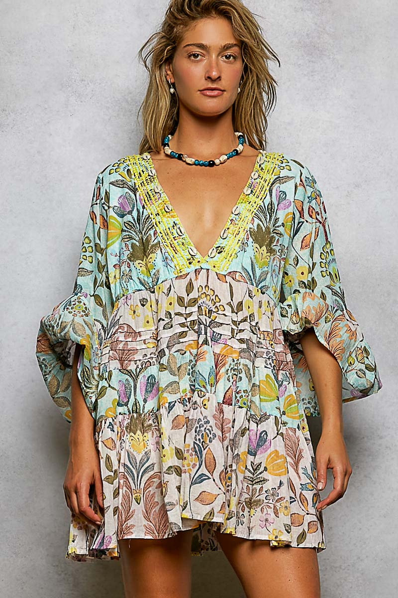 Seashell Embroidered Floral Tunic Dress - Vibrant