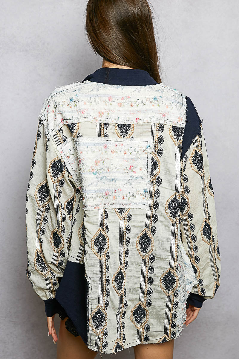 Embroidered Boho Top -Navy