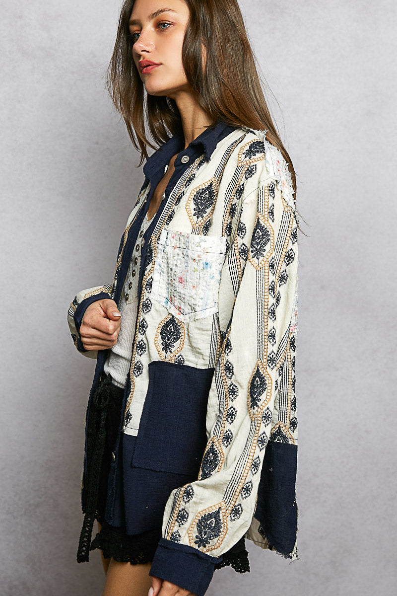 Embroidered Boho Top -Navy