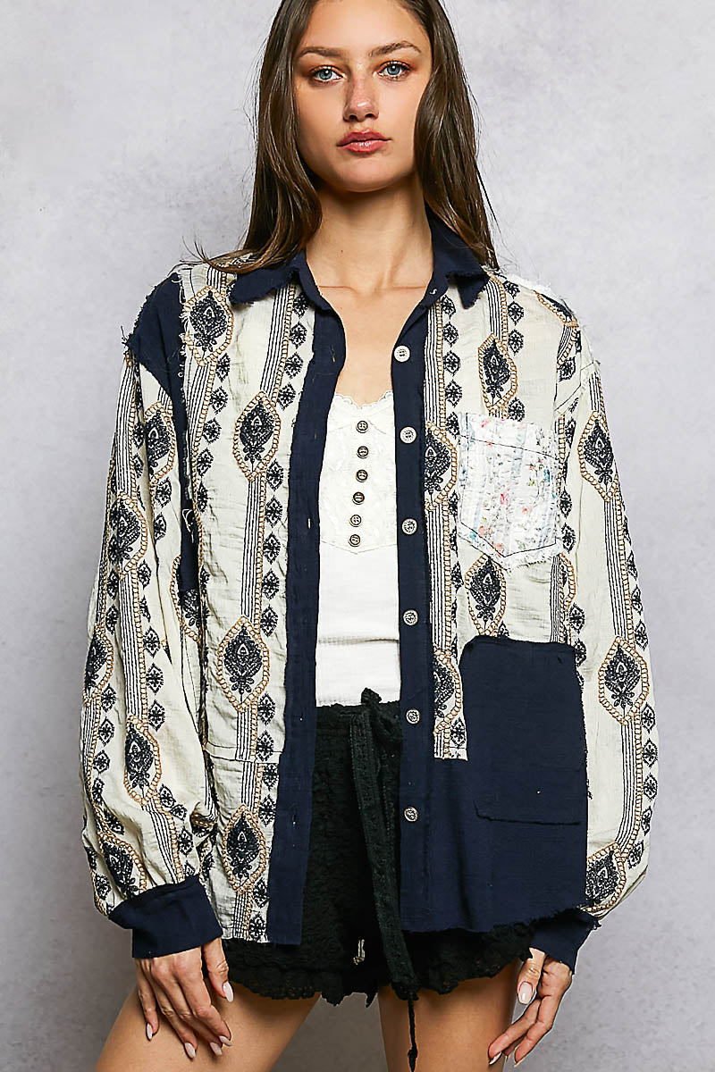 Embroidered Boho Top -Navy