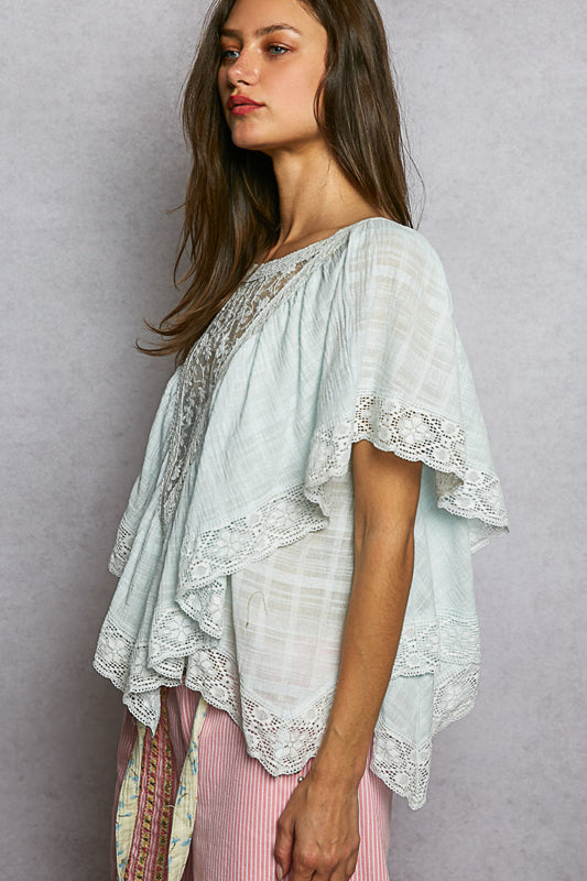 Lace + Embroidered Ruffle Top - Pale Blue