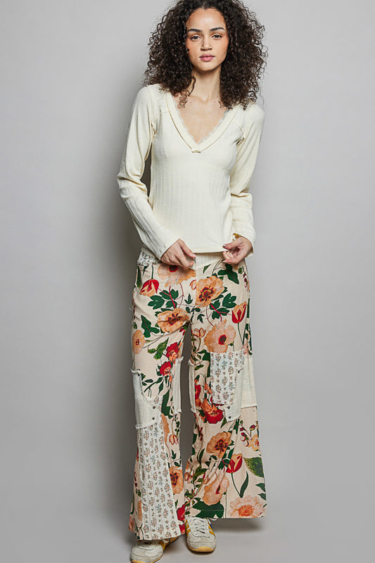 Floral Straight Pants - Cream