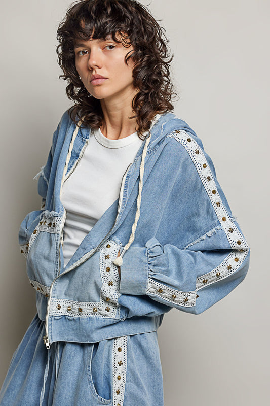 Studded Denim Zip-Up Hoodie