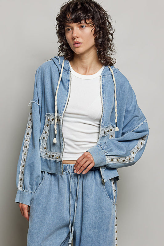 Studded Denim Zip-Up Hoodie