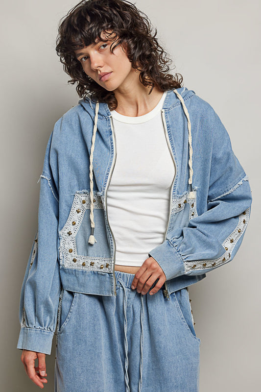 Studded Denim Zip-Up Hoodie