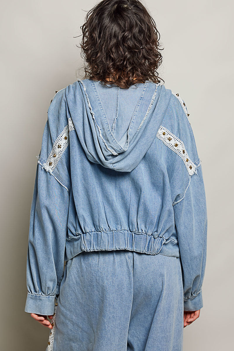 Studded Denim Zip-Up Hoodie