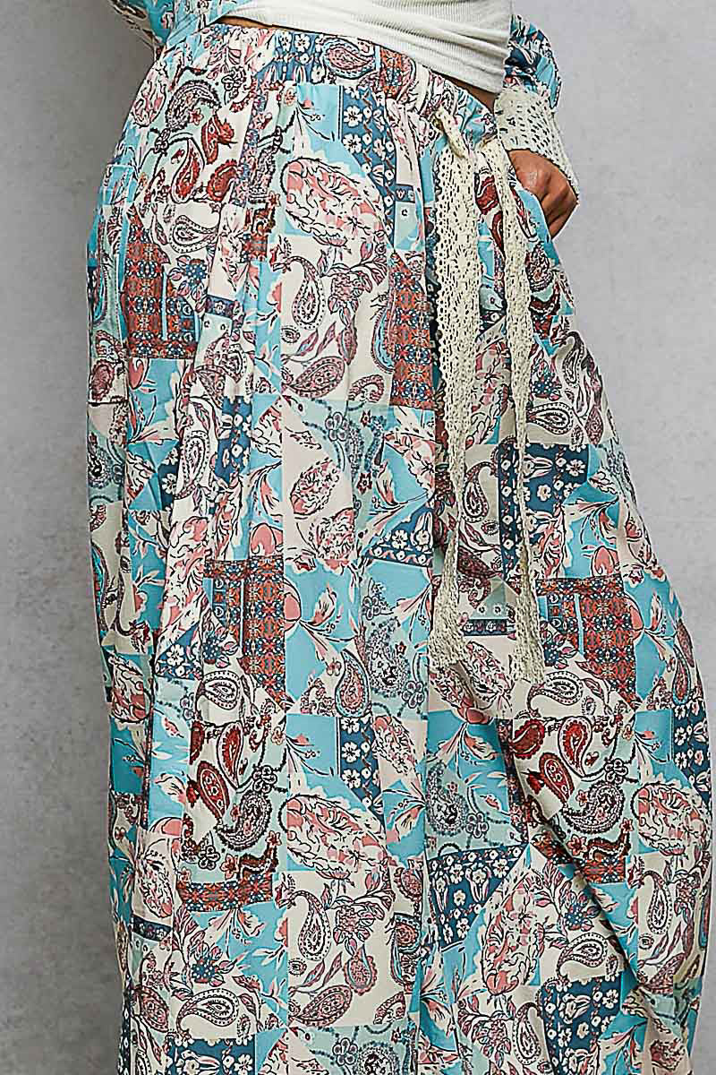 Boho Paisley Patchwork Joggers- Blue
